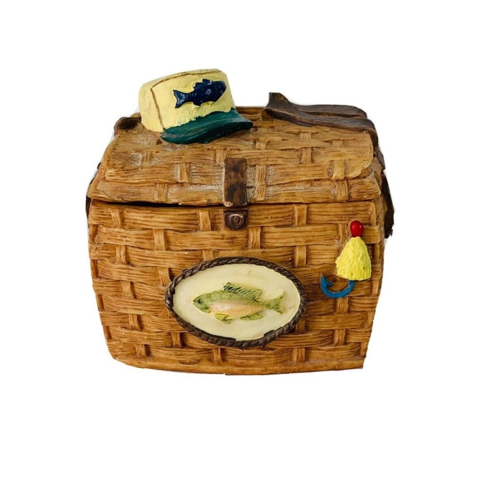 Vintage Dezine Lake House Fishing Creel Trinket Box Lid 2.5" x 3" Fisherman Deco